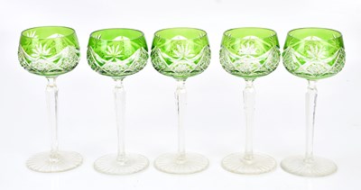 Lot 1633 - A group of five green Bohemian cut glass hock...
