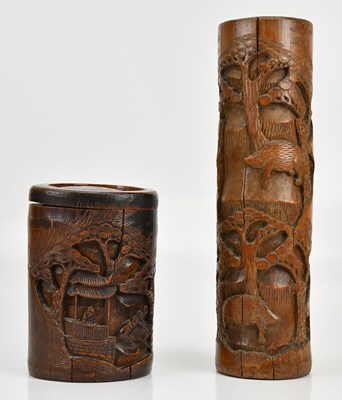 Lot 1649 - Two bamboo brush pots, with carved decoration,...