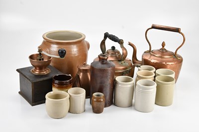 Lot 2043 - A collection of stoneware jars, copper kettles,...