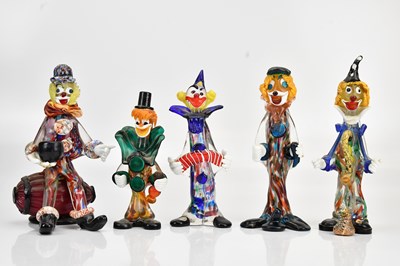Lot 1609 - A collection of five Murano style glass clowns,...