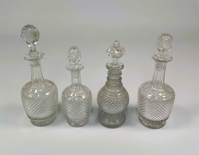 Lot 320 - Four cut glass hobnail decanters, tallest 32cm.