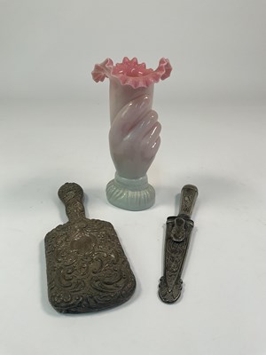 Lot 20 - An Eastern white metal mirror, knife and...