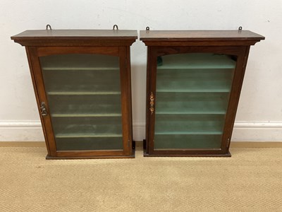 Lot 720 - Two stained pine wall display cabinets, height...