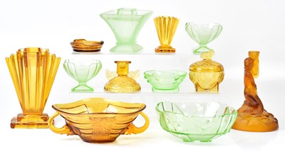 Lot 324 - Amber and green Art Deco pressed glasswares,...