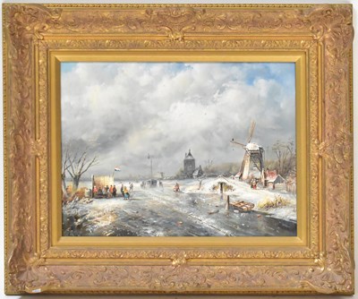 Lot 430 - L. ROTH; oil on panel, Dutch winter scene of...