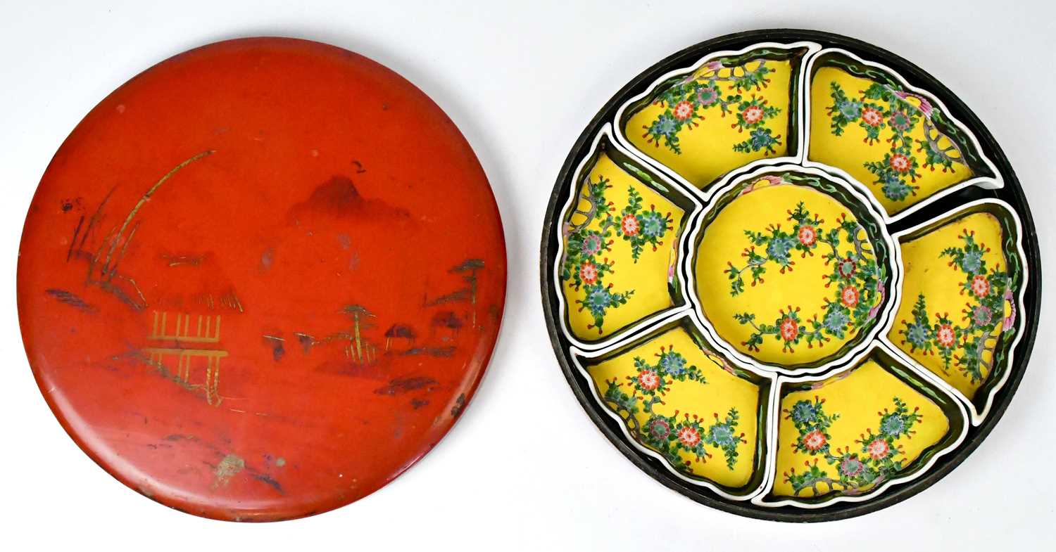 Lot 253 - A Famille Jaune set of hors d'oeuvre dishes,...