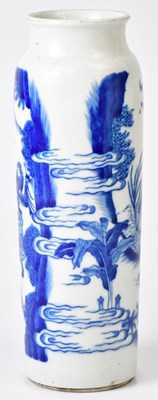 Lot 245 - A blue and white cylindrical vase painted with...
