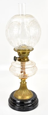 Lot 488 - A brass and cut glass oil lamp, height 58cm.