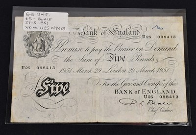 Lot 643 - BANK OF ENGLAND; a Beale white £5 note, U25...