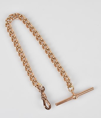 Lot 1099 - A 9ct rose gold Albert chain with T-bar,...
