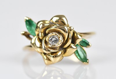 Lot 423 - A 14ct yellow gold diamond and emerald rose...