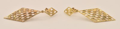 Lot 1392 - A pair of 9ct yellow gold diamond-shaped drop...