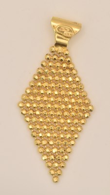 Lot 1381 - A 9ct yellow gold diamond-shaped drop pendant,...
