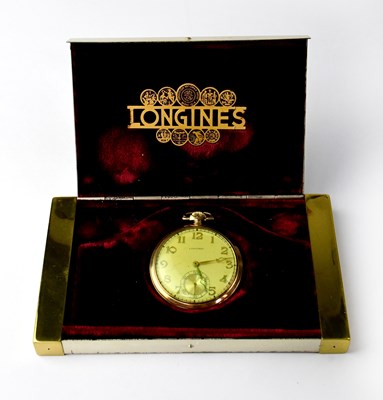 Lot 1077 - LONGINES; a 14ct gold open-face pocket watch,...