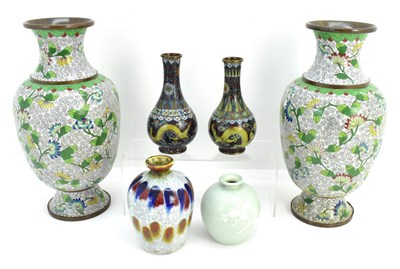 Lot 1085 - Two pairs of Chinese brass bodied cloisonné...