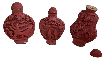 Lot 1088 - Three modern Chinese gilt metal cinnabar...