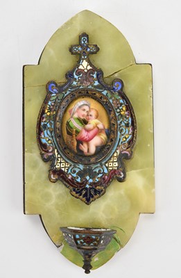 Lot 2097 - A micromosaic and enamelled Holy Water wall...