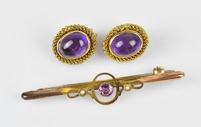 Lot 180 - A pair of 18ct yellow gold amethyst set...