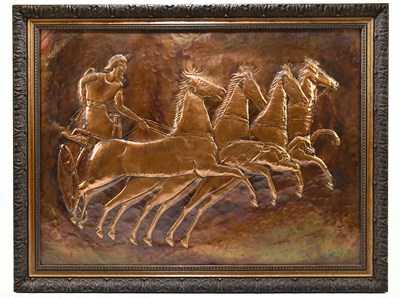Lot 2148 - A copper plaque decorated with horses and...