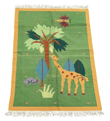Lot 113 - A modern green ground pictorial kilim rug,...