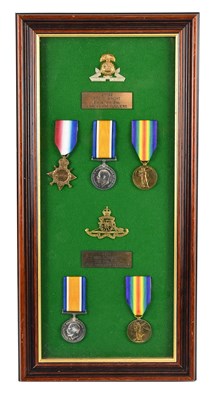 Lot 1147 - A framed montage of WWI medals father and son,...