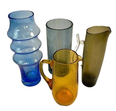Lot 273 - Four retro glass vases and jugs, tallest 36cm.