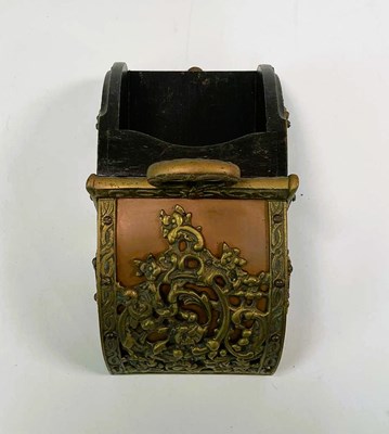 Lot 72 - A copper, brass, and oak wall mounted box,...