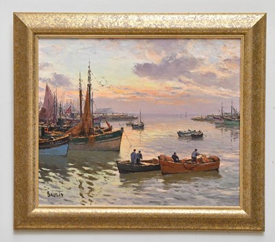 Lot 2319 - SAULIN; oil on canvas, harbour scene, signed...