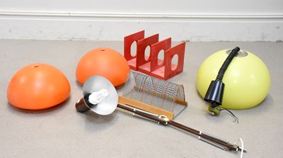 Lot 61 - Two retro orange glass dome topped lightshades,...