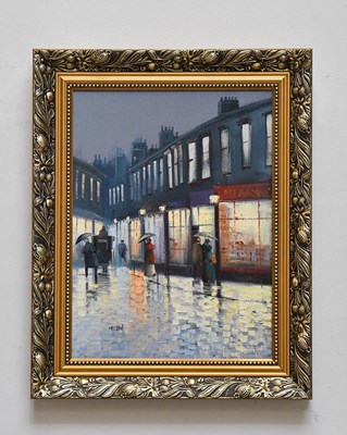 Lot 2368 - BARRY HILTON; oil on canvas, street scene,...