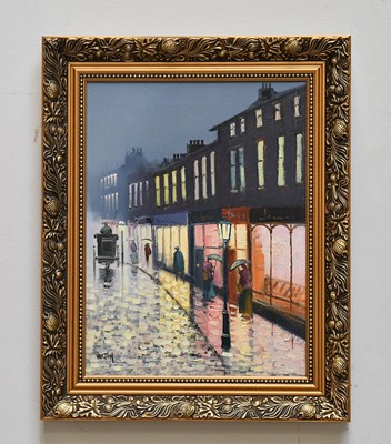 Lot 2369 - BARRY HILTON; oil on canvas, street scene,...