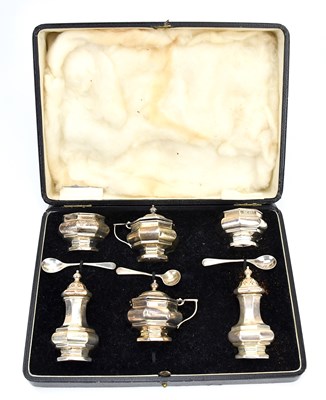 Lot 399 - WALKER & HALL; a George V six piece cruet,...