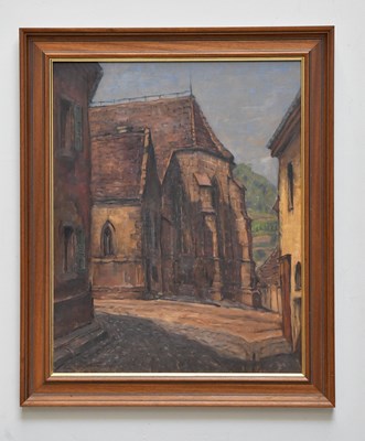 Lot 2320 - CARL KORBMANN; oil on board, 'Schlosskirche...