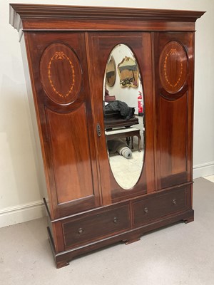 Lot 1241 - An Edwardian inlaid mahogany wardrobe, with...