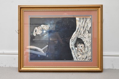 Lot 2363 - JOHN KIMPTON; watercolour, owls at night,...