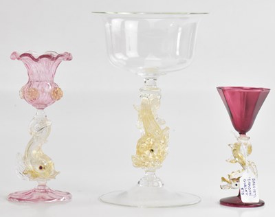 Lot 1603 - A group of three Murano dolphin glasses,...