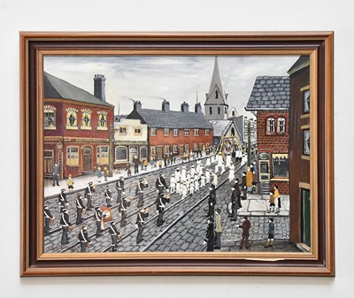 Lot 166 - JOHN SCHOFIELD; oil on board, procession,...