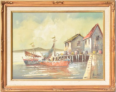 Lot 392 - INDISTINCTLY SIGNED; oil on canvas, harbour...