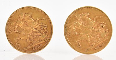 Lot 508 - Two Victorian gold sovereigns, 1880 and 1886,...