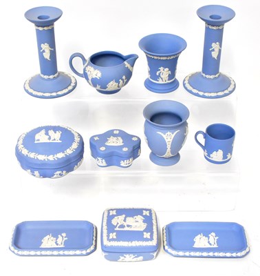 Lot 152 - WEDGWOOD; a collection of blue jasper ware, to...