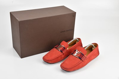 Lot 1446 - LOUIS VUITTON; a pair of men's red nubuck...