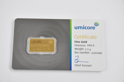 Lot 848 - UMICORE; a 999.9 fine gold 2.5g ingot, bar no....