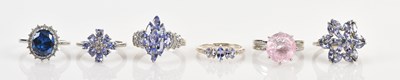 Lot 647 - Six sterling silver dress rings, sizes N (x 2),...