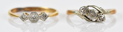 Lot 557 - Two 18ct yellow gold and platinum diamond set...