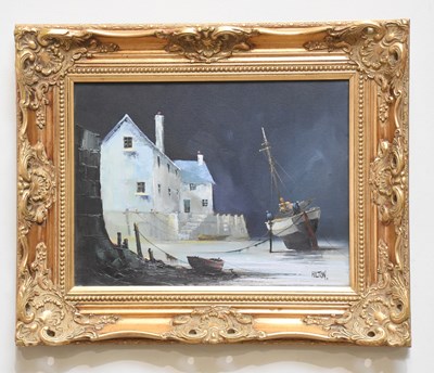 Lot 1659 - BARRY HILTON; oil on canvas, moored boat,...