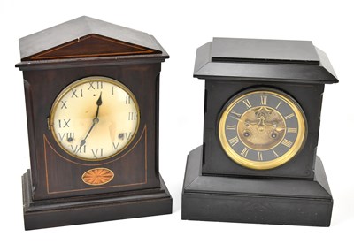 Lot 208 - A Victorian slate mantel clock, with black...