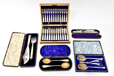 Lot 679 - Five cased sets of silver-plated cutlery...