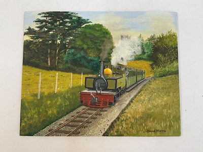Lot 413 - DAVID HARRIS; oil on board, a green train in a...