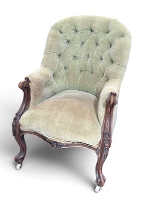 Lot 153 - A Victorian mahogany framed spoonback green...