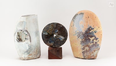 Lot 456 - NICHOLAS MARSH; a raku disc on a wooden base...